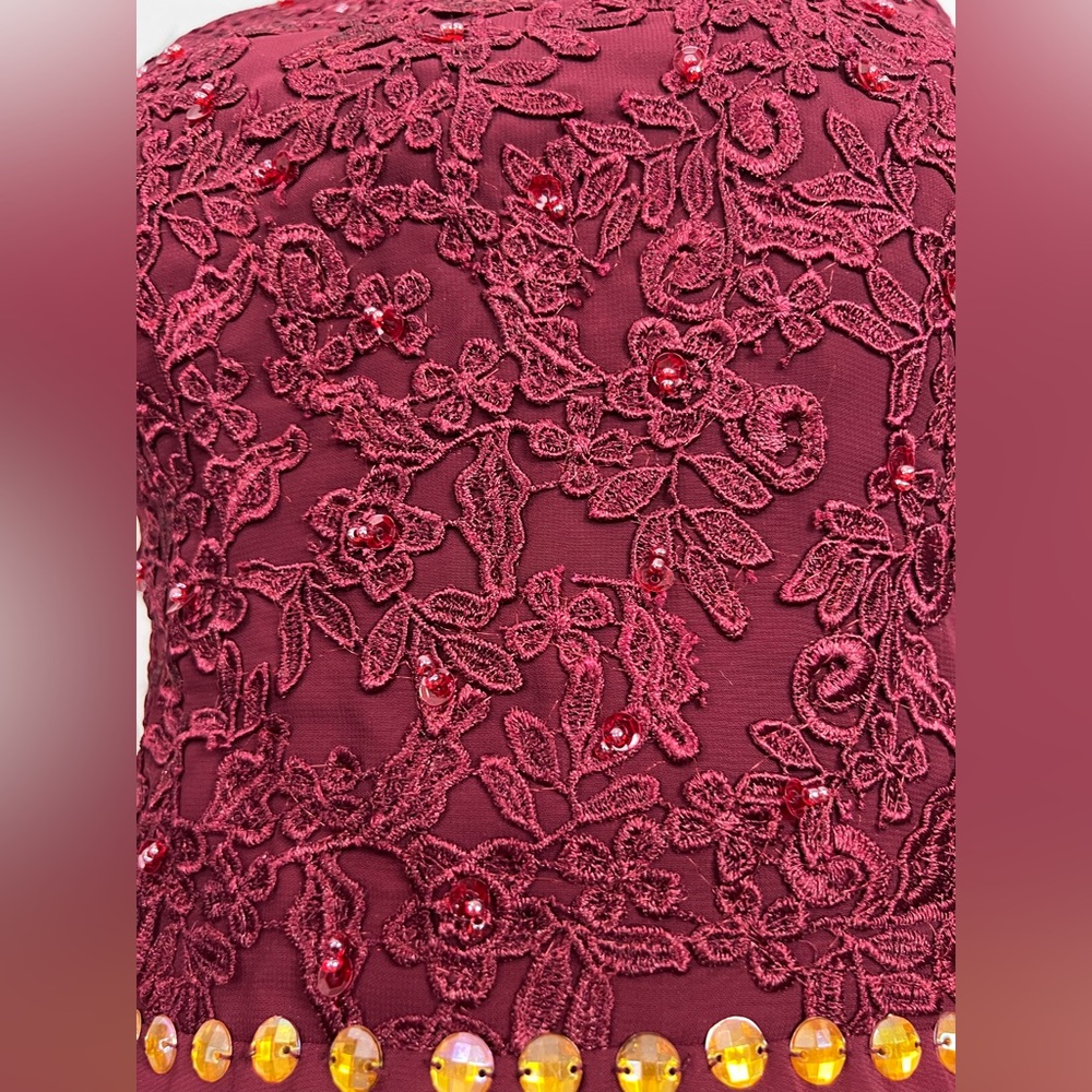 Burgundy Lace Bodice Evening Gown Flowing Chiffon Skirt Prom Cocktail Sz M NWT D - Picture 6 of 13